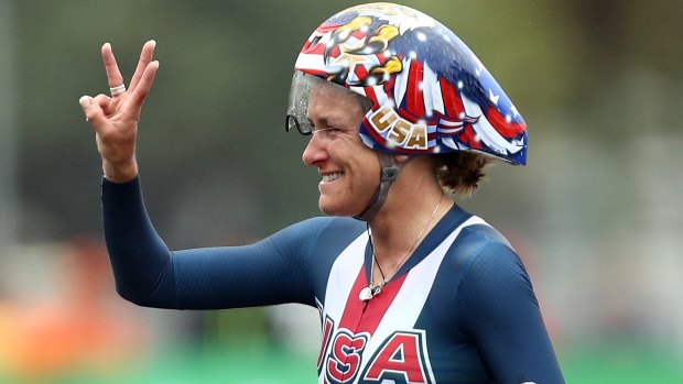 Kristin Armstrong of the United States reacts after winning the Women's Individual Time Trial on Day 5 of the Rio 2016 Olympics.