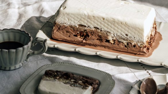 Two-tone gelato cake with sponge fingers and brittle.