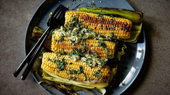 Corn on the cob with coriander butter.