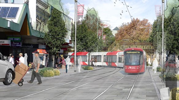 An artist's impression of a light rail service through Parramatta.