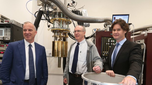 Vice-chancellor Dr Michael Spence, Microsoft executive Dr Norman Whitaker and Professor David Reilly in the new Sydney Nanoscience Hub at the University of Sydney. 
