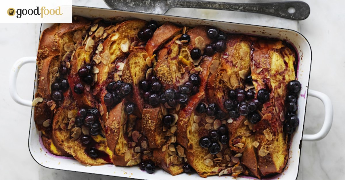 Baked French toast with almond and blueberry maple sauce