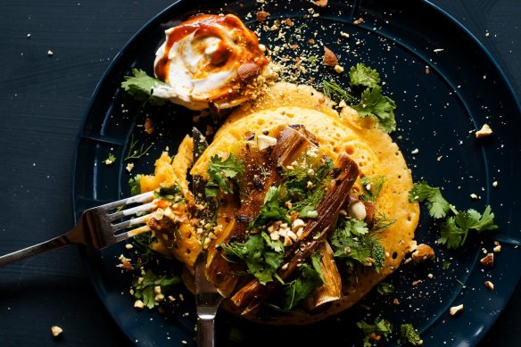 Breakfast or dinner: Harissa pancakes with roasted leeks.