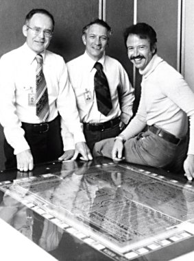 Pioneers in computing, founders of Intel, photographed in the late 1970s: Gordon Moore, Robert Noyce and Andy Grove