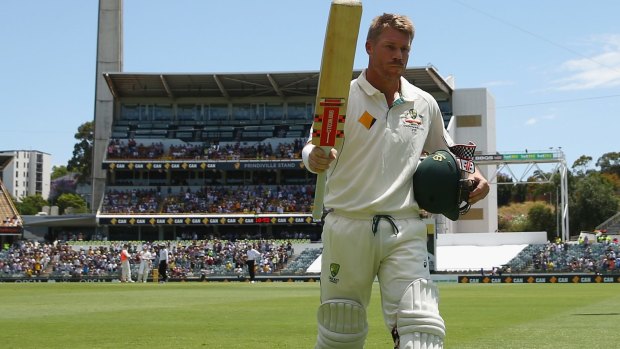 Double centurion: David Warner acknowledges the crowd after he was dismissed during day two of the second Test between Australia and New Zealand at the WACA.