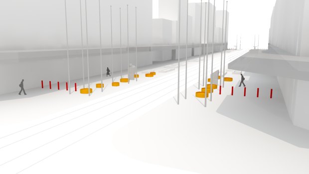 An artist's impression shows the permanent bollards, in red, and the planter boxes, in yellow.