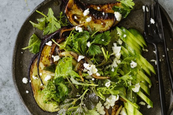 Fried eggplant and cucumber salad with sesame dressing.