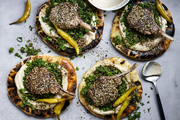 Falafel spiced lamb cutlets with charred pita.