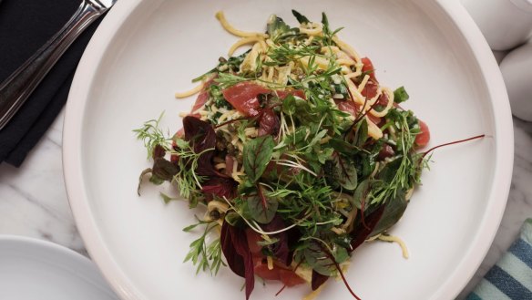 Rare yellowfin tuna spaghetti, rocket, capers, chilli.