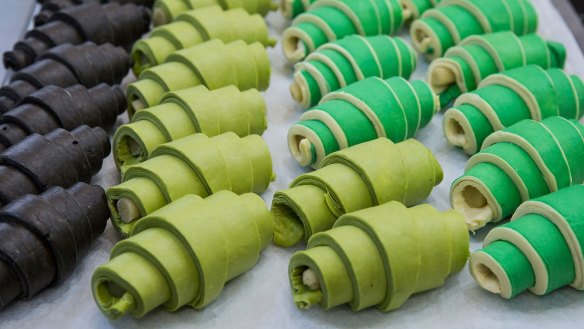 Matcha croissants (centre) ready to be baked at Agathe Patisserie.