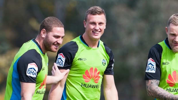 Cleared Raiders fullback Jack Wighton enjoys a laugh with teammates at training.