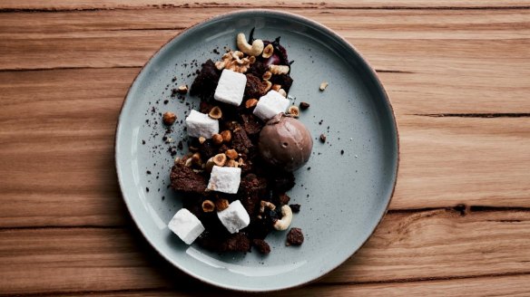 Dark chocolate rocky road with blackberry puree and chocolate ice-cream at the East Brunswick Hotel.