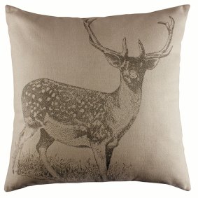 Winter stag cushion, features a stag motif in silver and grey with embroidered details, feather cushion pad included, 55cm x 55cm, from Laura Ashley, rrp $129.