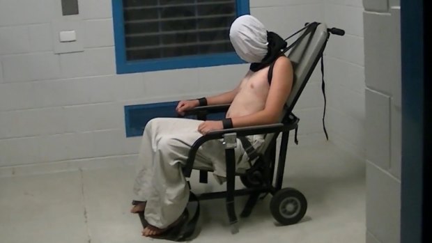Dylan Voller in a restraining chair in the footage aired on <i>Four Corners</i> on the ABC.