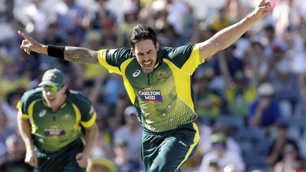 First scalp: Mitchell Johnson celebrates the dismisal of England opener Moeen Ali with an unplayable ball.