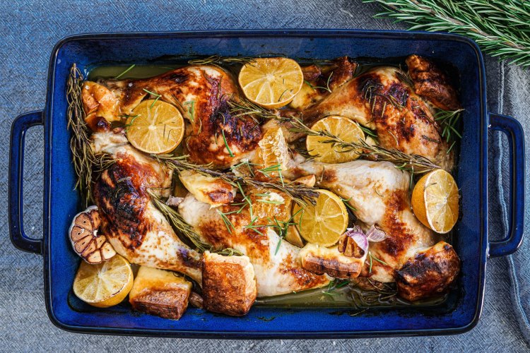 One pan chicken, haloumi and rosemary bake.