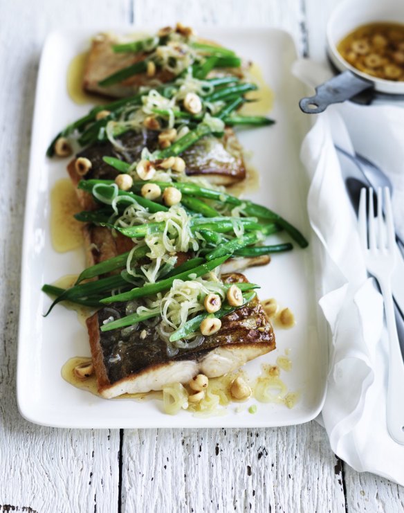 Neil Perry's kingfish with green beans, hazelnuts and brown butter.