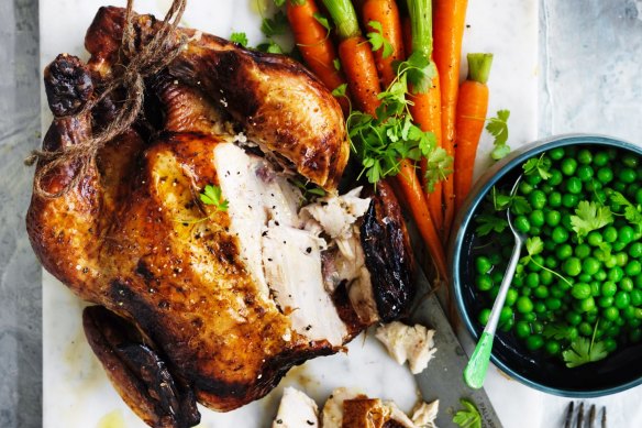 Rub the chicken skin with dark soy sauce before roasting.