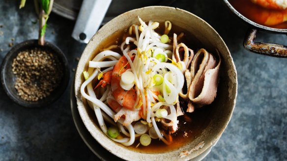 Neil Perry's king prawn and udon broth.