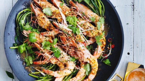 Neil Perry's barbecued king prawns with black pepper sauce.