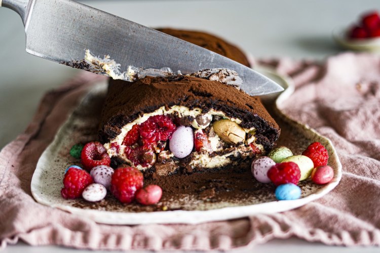 Easter egg chocolate meringue roulade. Katrina Meynink's chocolate Easter dessert recipes for Good Food April 2021. Please credit Katrina Meynink. Good Food use only