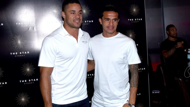 Famous friends: Jarryd Hayne with Tim Cahill during Superbowl 50.