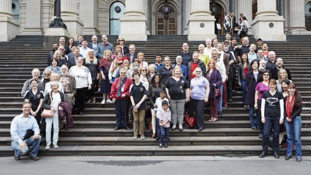 Intelligent design: Mensa members young and old gather on the steps of Melbourne's Parliament House to celebrate Australian Mensa's 50th anniversary. 