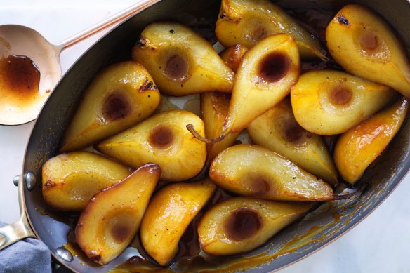 Sauteed then roasted pear quarters.