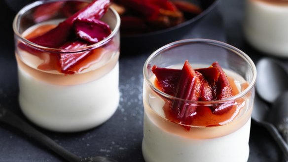 Neil Perry's vanilla panna cotta with champagne jelly and rhubarb.