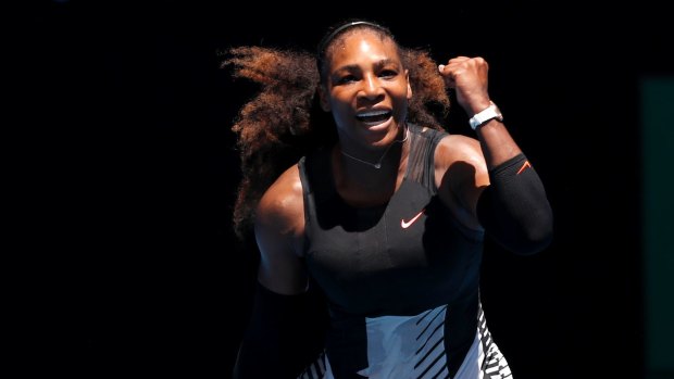 Serena Williams celebrates after defeating Barbora Strycova.