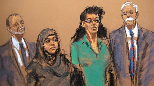 In this courtroom sketch, defendants Noelle Velentzas, centre left and Asia Siddiqui, center right, appear in federal court with their attorneys on Thursday. 