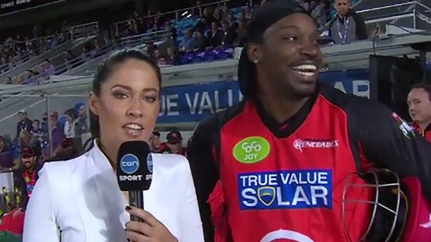 Awkward: Chris Gayle tries to chat Mel McLaughlin up live on air.