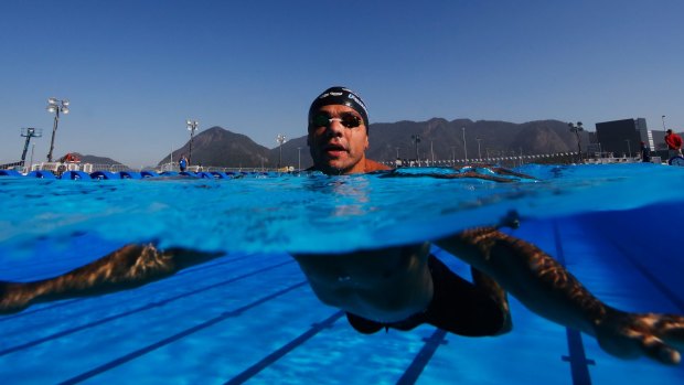 Brazilian Olympic swimmer Felipe Silva trains during the Maria Lenk Trophy competition at the test event for the Rio Games.