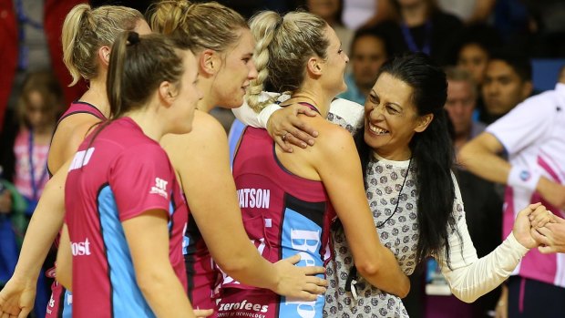 Southern Steel coach Noeline Taurua (right) reacts to a win over the Mystics this year.