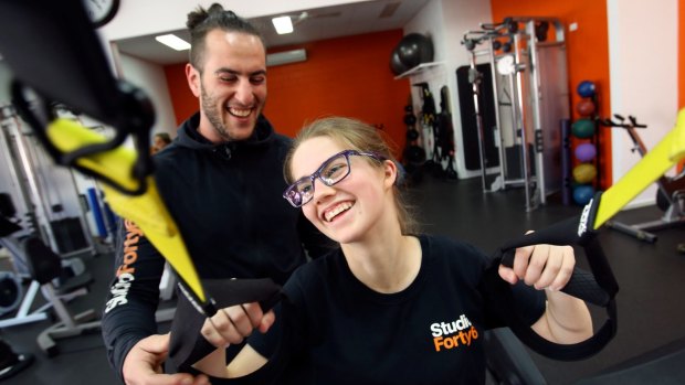 Charlotte Attwood, 14, with her fitness coach Alon White at the Studio Forty6 gym in North Caulfield.  