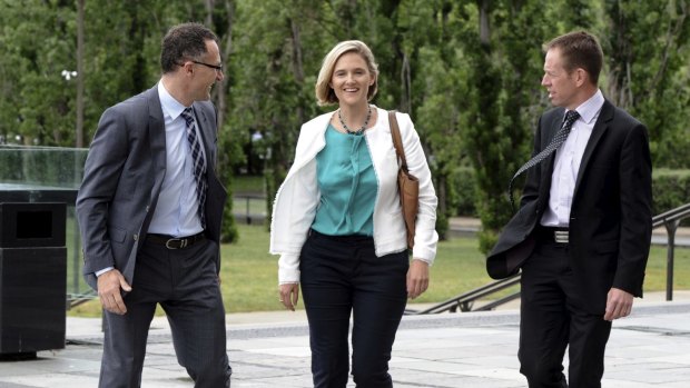 Greens Senator Richard DiNatale, ACT Senate candidate Christina Hobbs and ACT Greens MLA Shane Rattenbury.