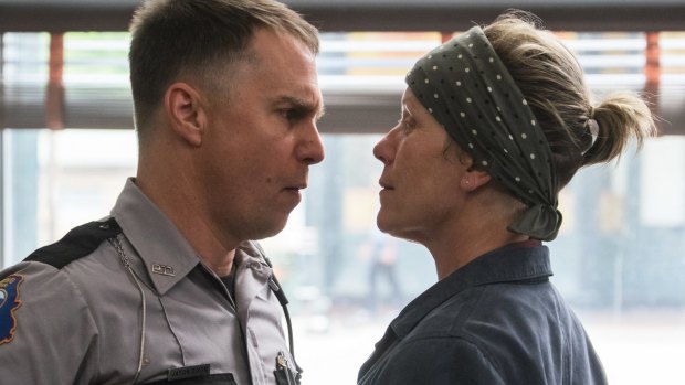 Frances McDormand stands up to Sam Rockwell in Three Billboards Outside Ebbing, Missouri.