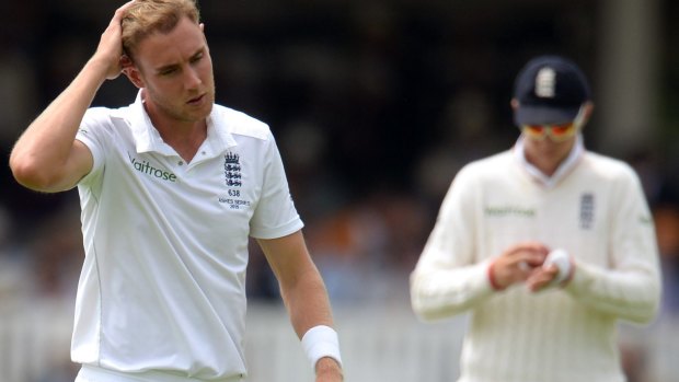 Stuart Broad bowls during a tough day one for England in the second Ashes Test at Lord's.