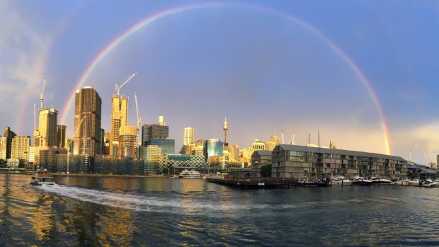 The rainbow over Sydney's CBD this afternoon.