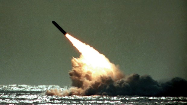 A Trident II missile launch. The UK relies on submarine-launched nuclear missiles.