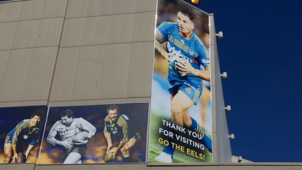 Poster boy?: The poster of Anthony Watmough outside Parramatta Leagues Club.