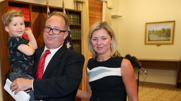 David Feeney with his wife Liberty Sanger and son Ned after resigning from federal Parliament.