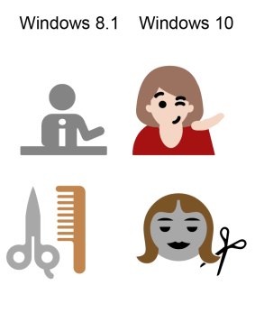 Also new in Windows 10 emojis: an information desk person gets cheeky and a haircut gets humanised.