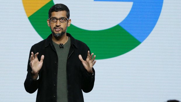 Google CEO Sundar Pichai speaks during a product event in San Francisco. 