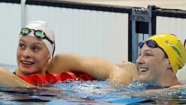Cate Campbell, right, won her semi-final ahead of Penny Oleksiak by 0.01 of a second.