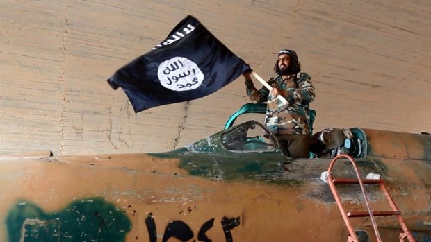 An Islamic State fighter waving a flag while standing on captured government fighter jet in Raqqa, Syria, 2015.