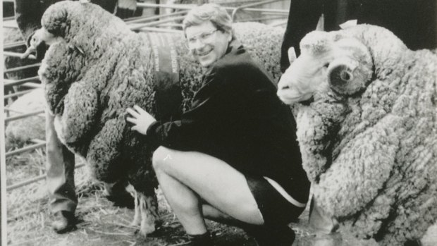 Dr Dennis Napthine poses in woolen underpants made by a clothing company from his electorate.