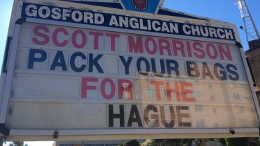 Gosford Anglican Church noticeboard with a message for Scott Morrison