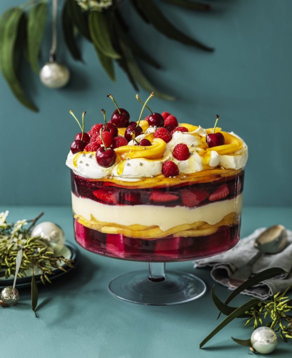 Mango and berry trifle with cranberry jelly.