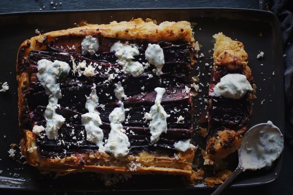 Purple heirloom carrots make for a dark and handsome tart.